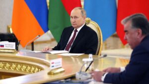 16mai2022 o presidente russo vladimir putin e o presidente do tadjiquistao emomali rakhmon participam da cupula da organizacao do tratado de seguranca coletiva em moscou na russia 16527